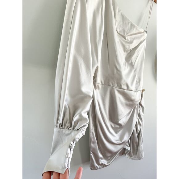 Retrofete | Drisana Silk Satin Ruched Dress | Silver | Size XS - Picture 4 of 12